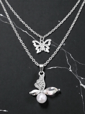 Silver Tone Butterfly Pearl Pendant Necklace