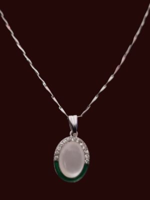 Silver Tone Oval Stone Crystal Pendant Necklace