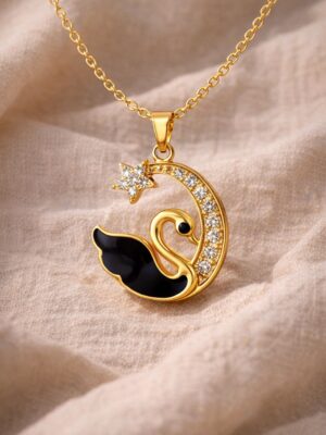 Gold Tone Swan Moon Crystal Pendant Necklace