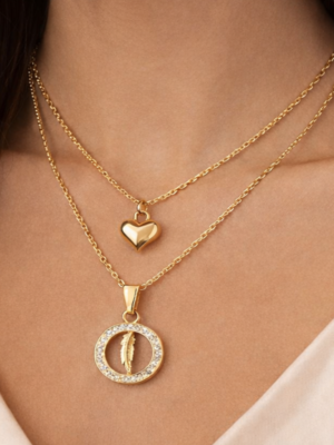 Gold Tone Double Pendant Heart Necklace