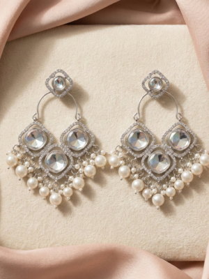 Traditional Silver-Tone Kundan & Pearl Chandbali Earrings