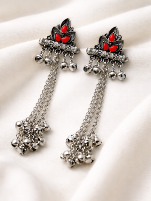 Oxidised Silver Long Chain Ghungroo Earrings