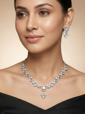 Serena Square Halo Leaf Drop Necklace Set