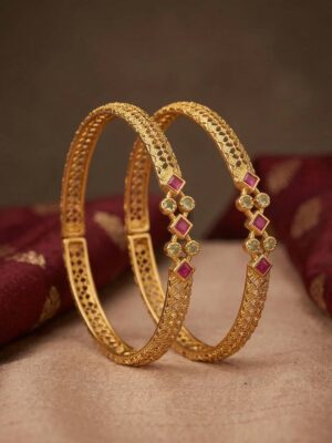 Elegant Filigree Ruby & Green Stone Bangles
