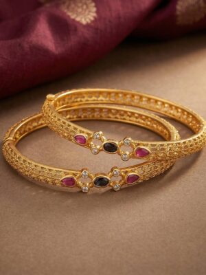 Adrika Antique Gold-Plated Filigree Kada Bangles with Ruby Red and Sapphire Blue Gemstones